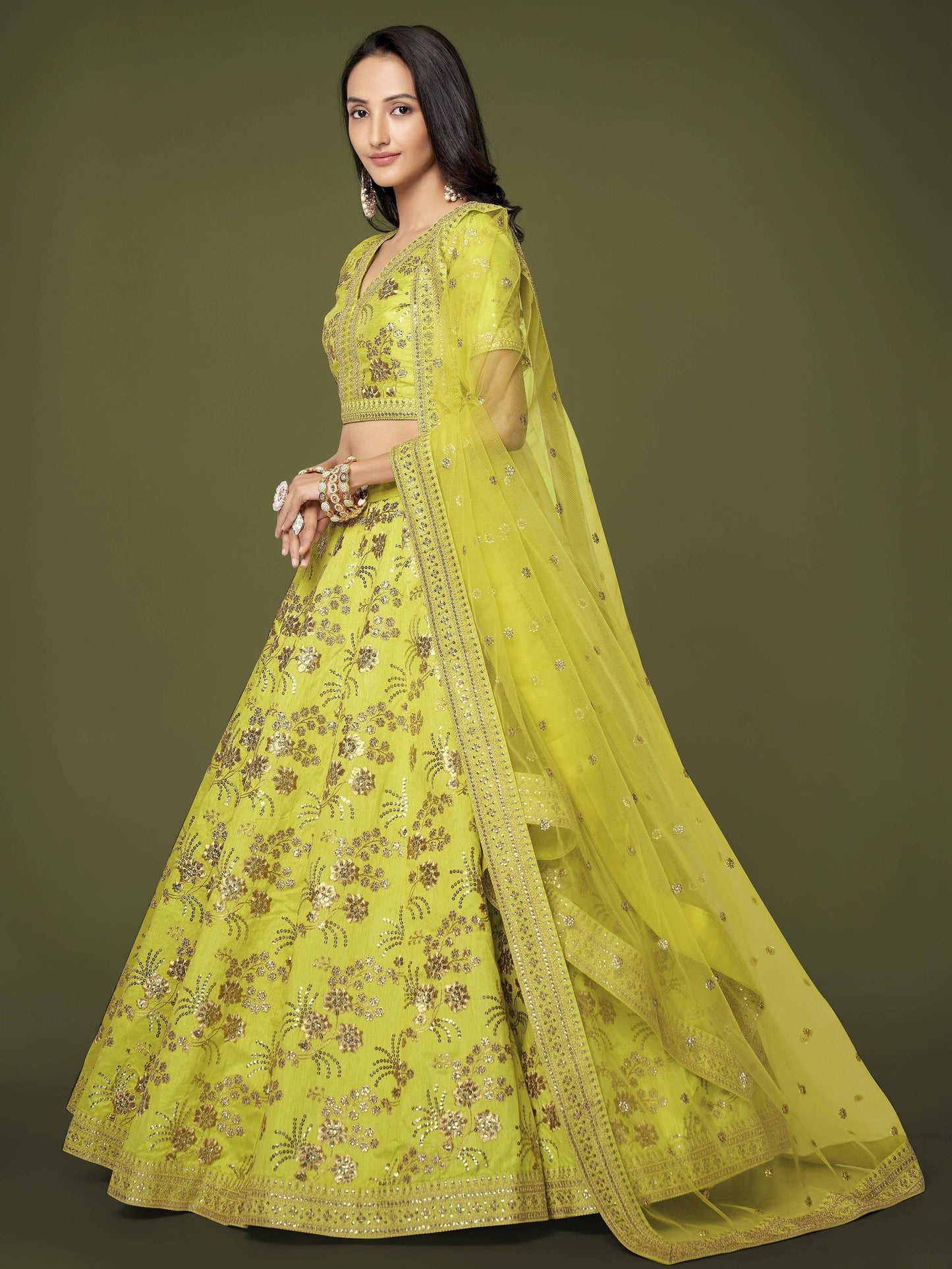 Tulsi Art Prodigious Neon Green Sequins Work Lehenga Choli With Dupatta