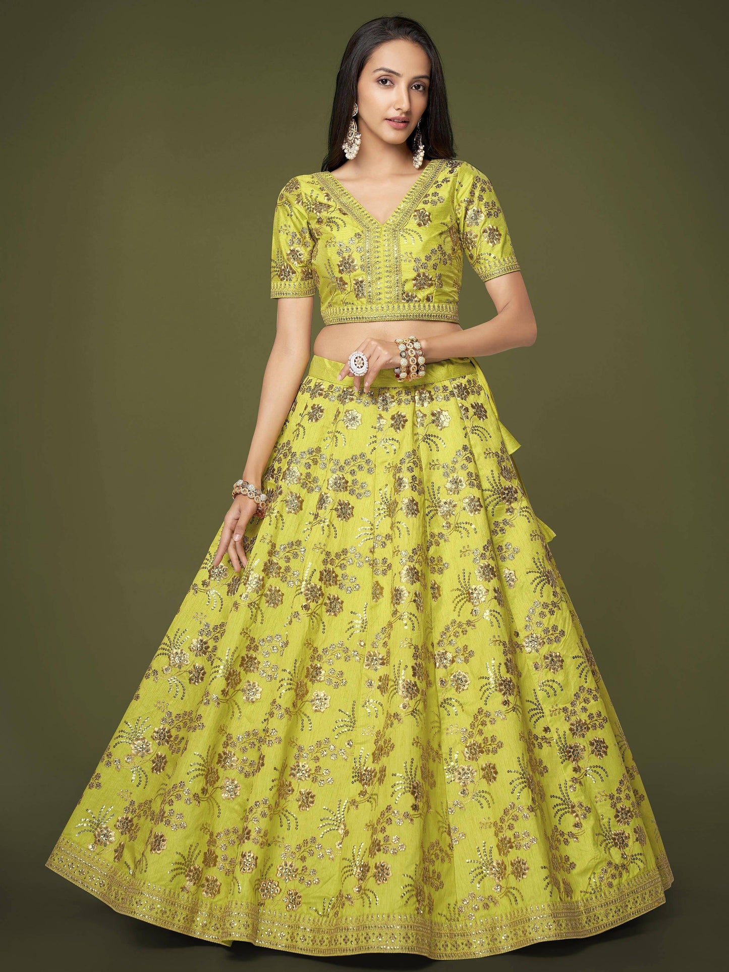 Tulsi Art Prodigious Neon Green Sequins Work Lehenga Choli With Dupatta