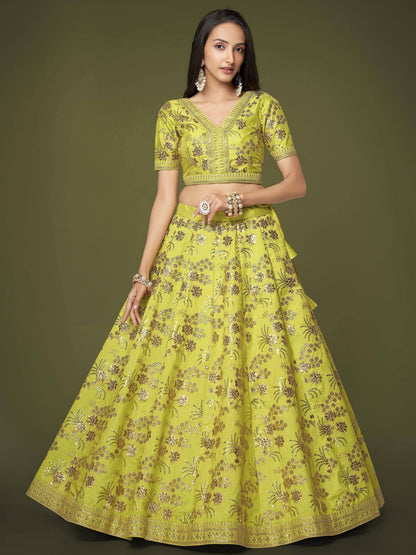 Tulsi Art Prodigious Neon Green Sequins Work Lehenga Choli With Dupatta