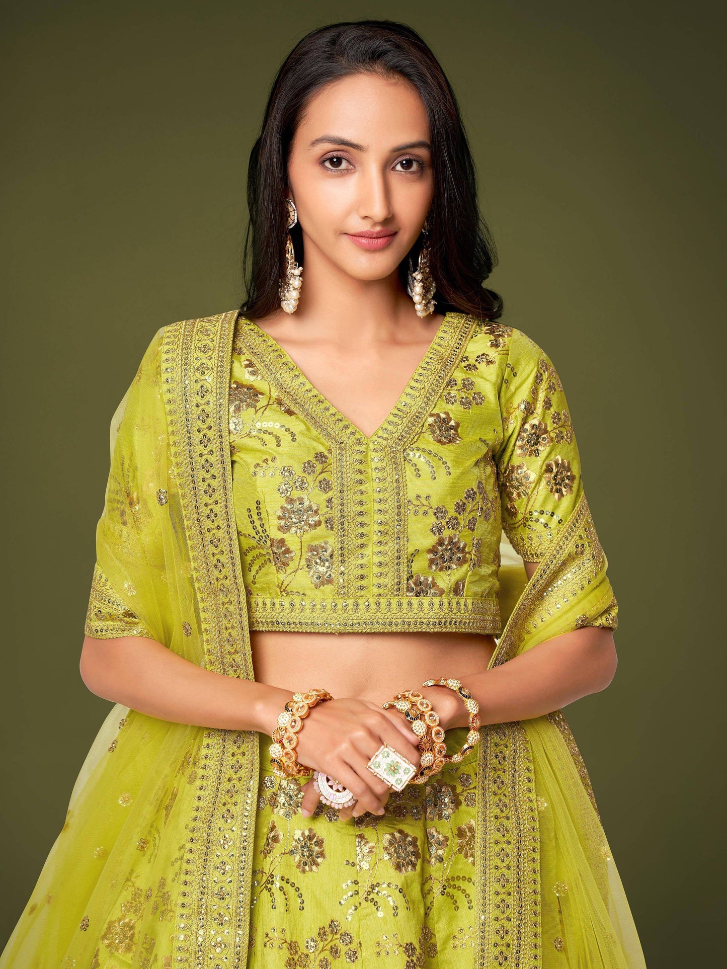 Tulsi Art Prodigious Neon Green Sequins Work Lehenga Choli With Dupatta