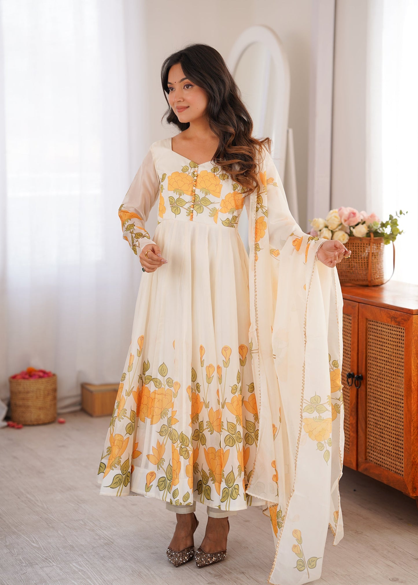Lorenvalley Fashion Offwhite Organza Silk Floral Print Anarkali Gown Pant With Dupatta