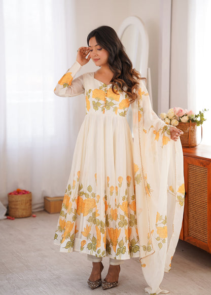 Lorenvalley Fashion Offwhite Organza Silk Floral Print Anarkali Gown Pant With Dupatta