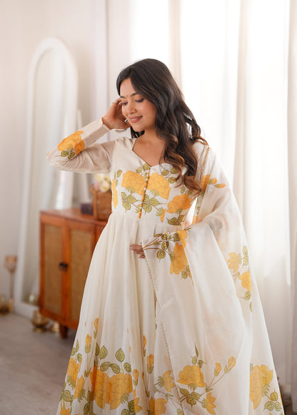 Lorenvalley Fashion Offwhite Organza Silk Floral Print Anarkali Gown Pant With Dupatta