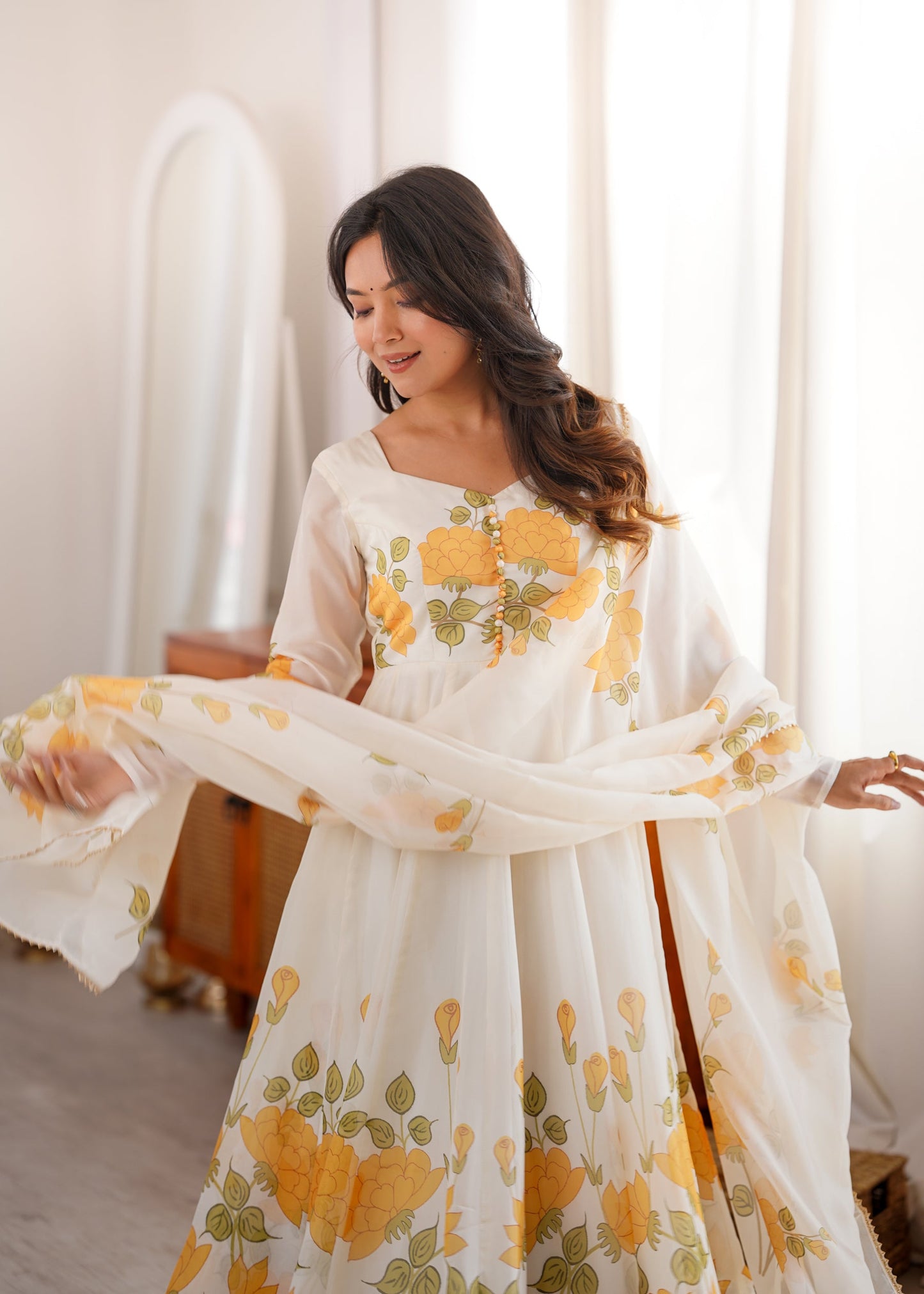Lorenvalley Fashion Offwhite Organza Silk Floral Print Anarkali Gown Pant With Dupatta