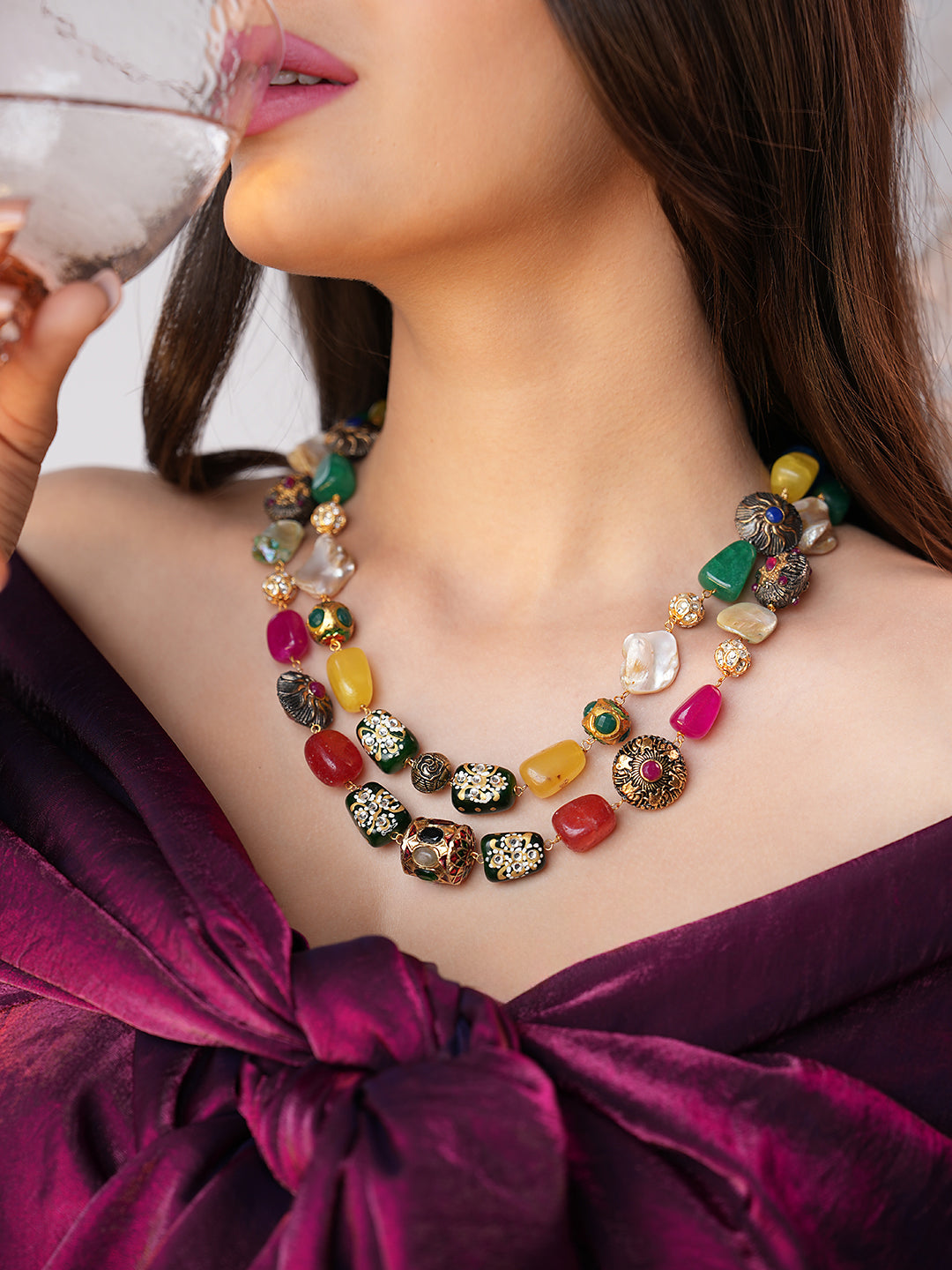 Mireille Dual-Layered Necklace With Multicolor Hand-Painted Quartz Stones