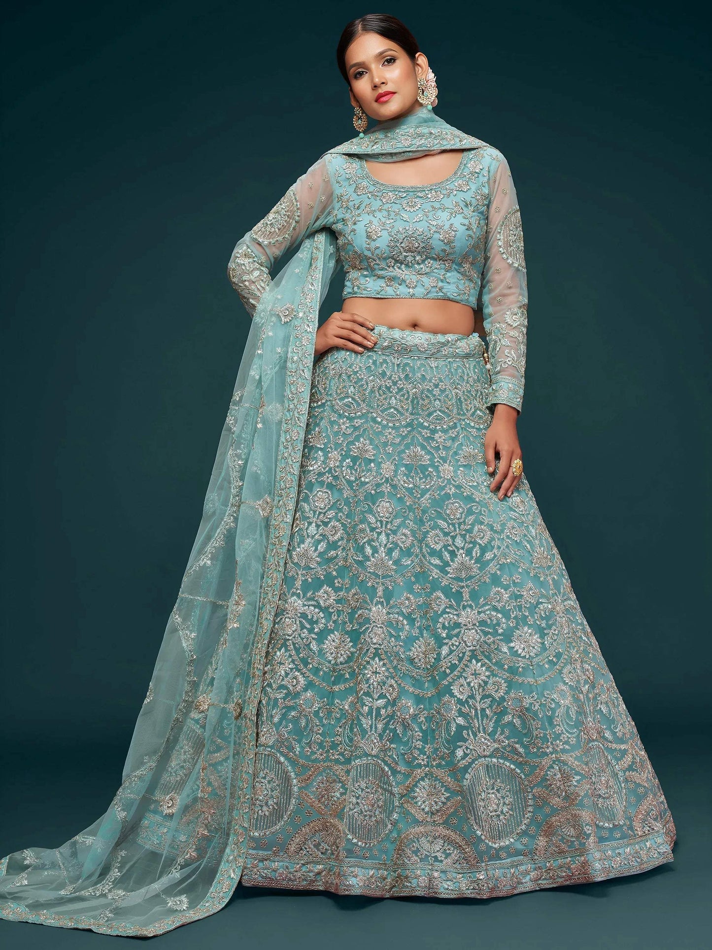Tulsi Art Attractive Aqua Blue Embroidered Soft Net Occasion Wear Lehenga Choli