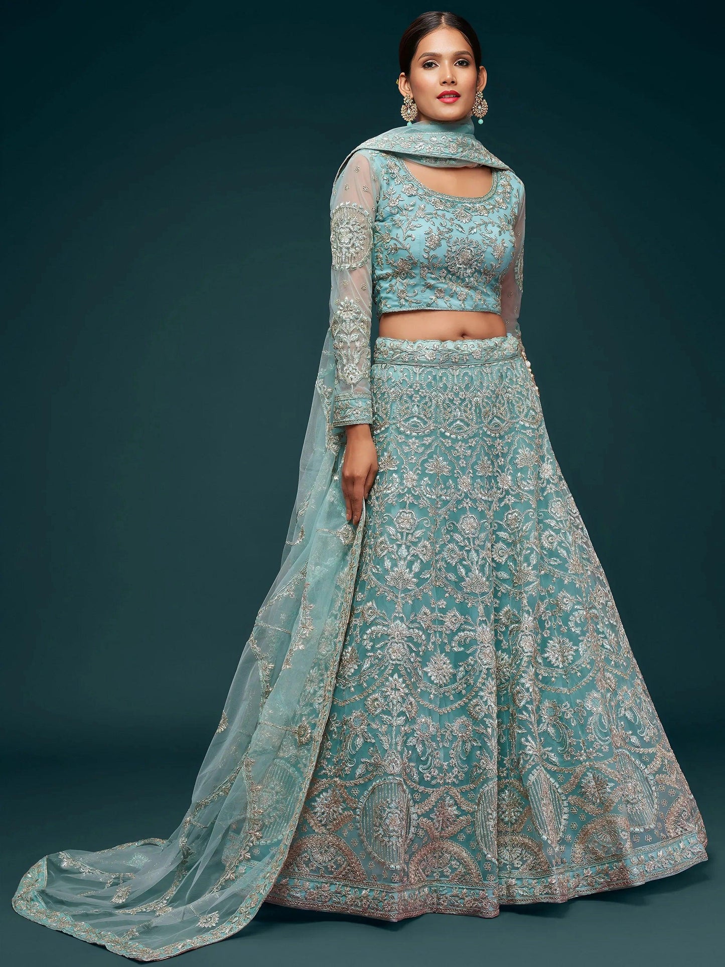 Tulsi Art Attractive Aqua Blue Embroidered Soft Net Occasion Wear Lehenga Choli