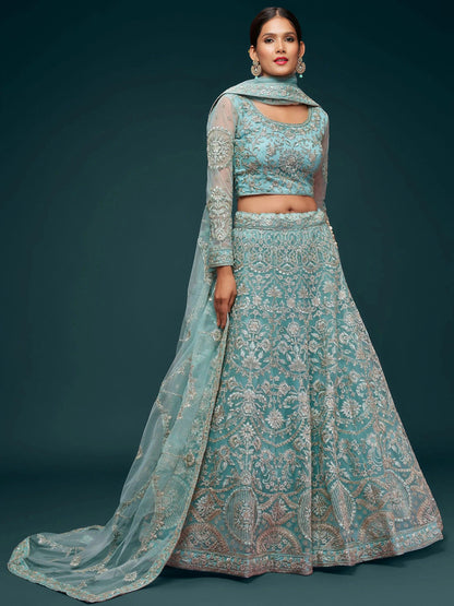 Tulsi Art Attractive Aqua Blue Embroidered Soft Net Occasion Wear Lehenga Choli