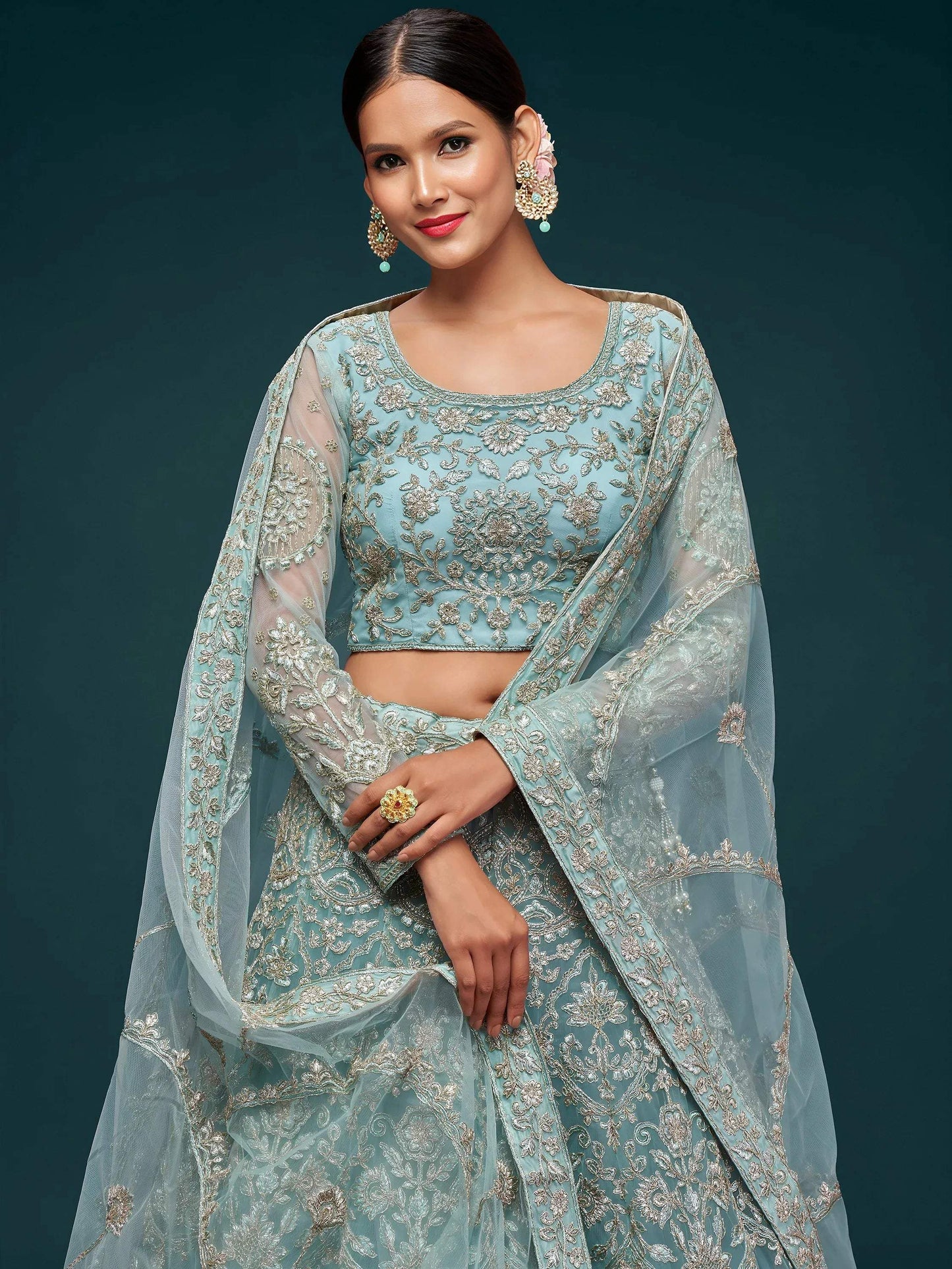 Tulsi Art Attractive Aqua Blue Embroidered Soft Net Occasion Wear Lehenga Choli