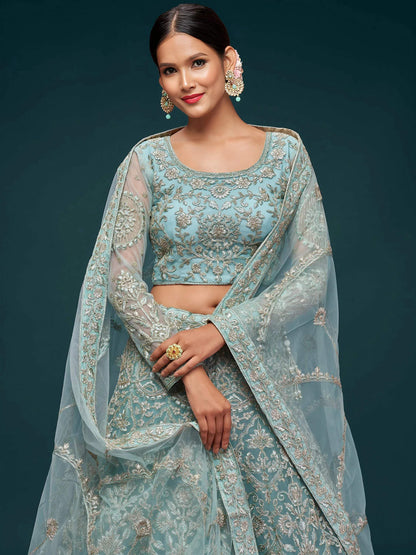 Tulsi Art Attractive Aqua Blue Embroidered Soft Net Occasion Wear Lehenga Choli