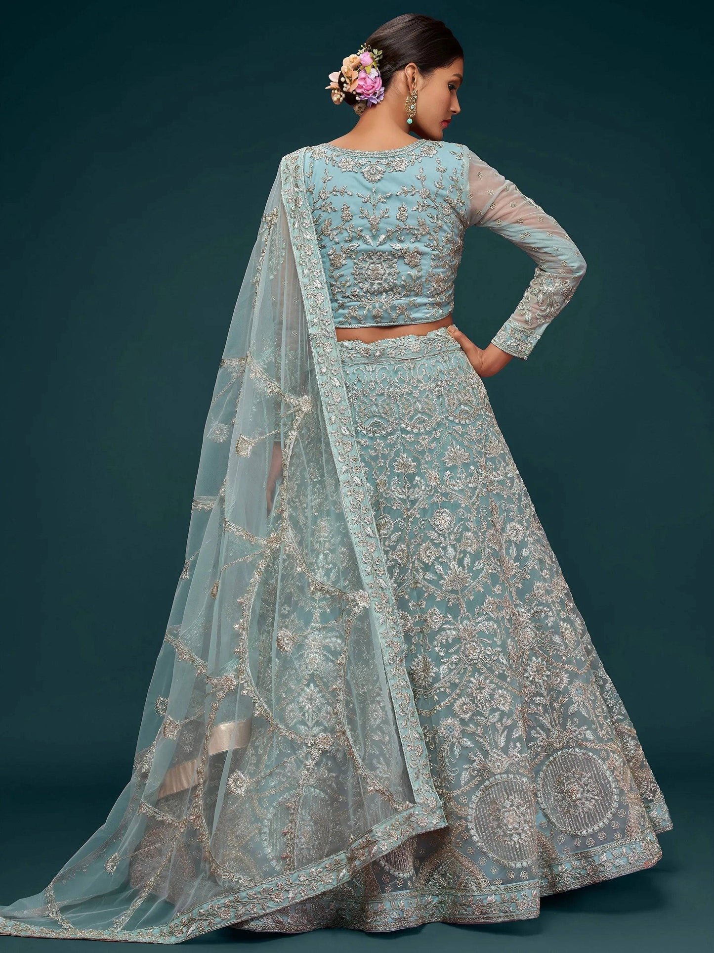 Tulsi Art Attractive Aqua Blue Embroidered Soft Net Occasion Wear Lehenga Choli
