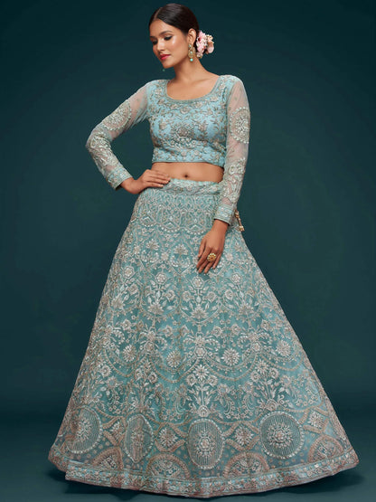 Tulsi Art Attractive Aqua Blue Embroidered Soft Net Occasion Wear Lehenga Choli