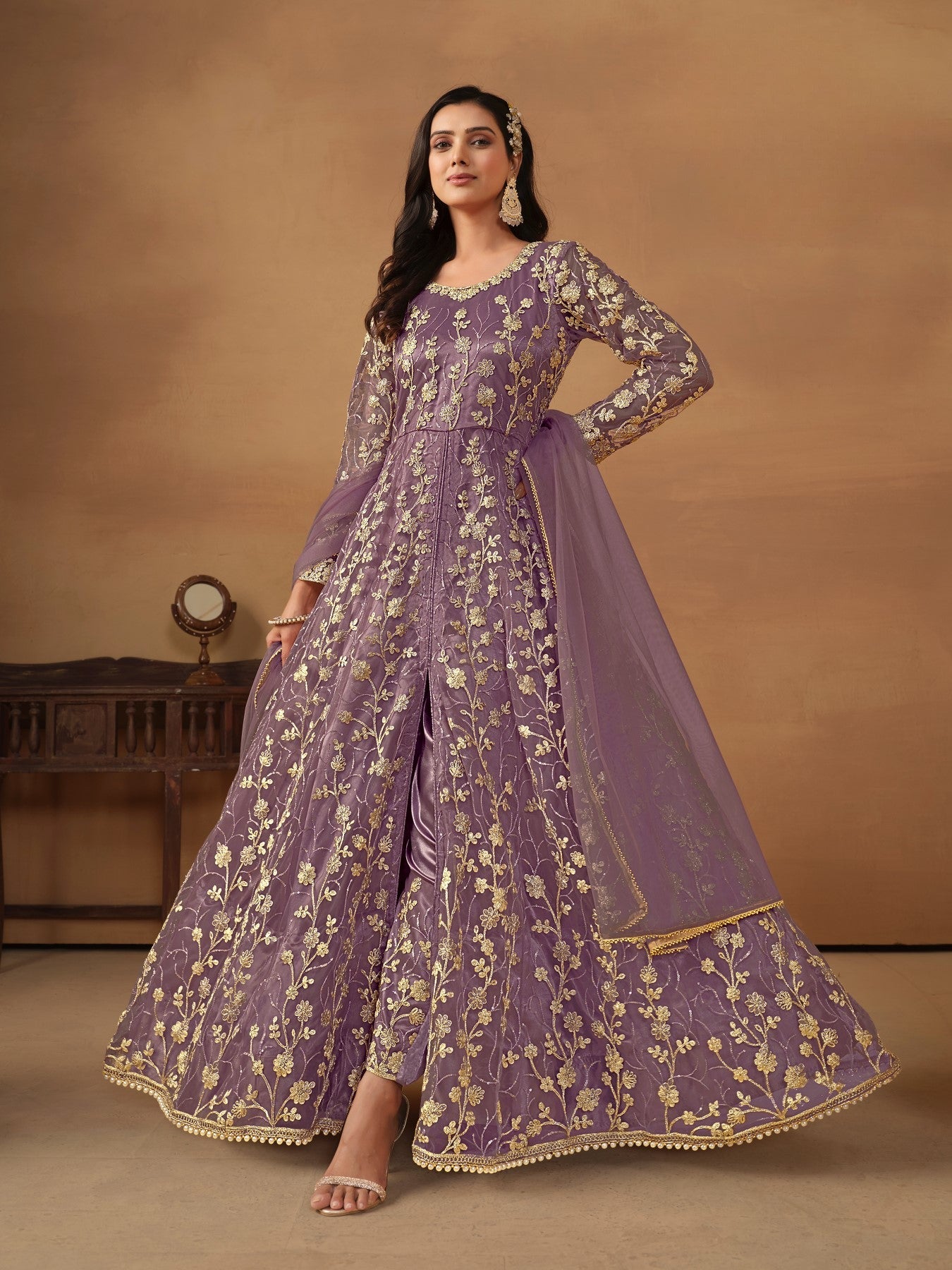 Anaita Purple Embroidered Net Anarkali Suit