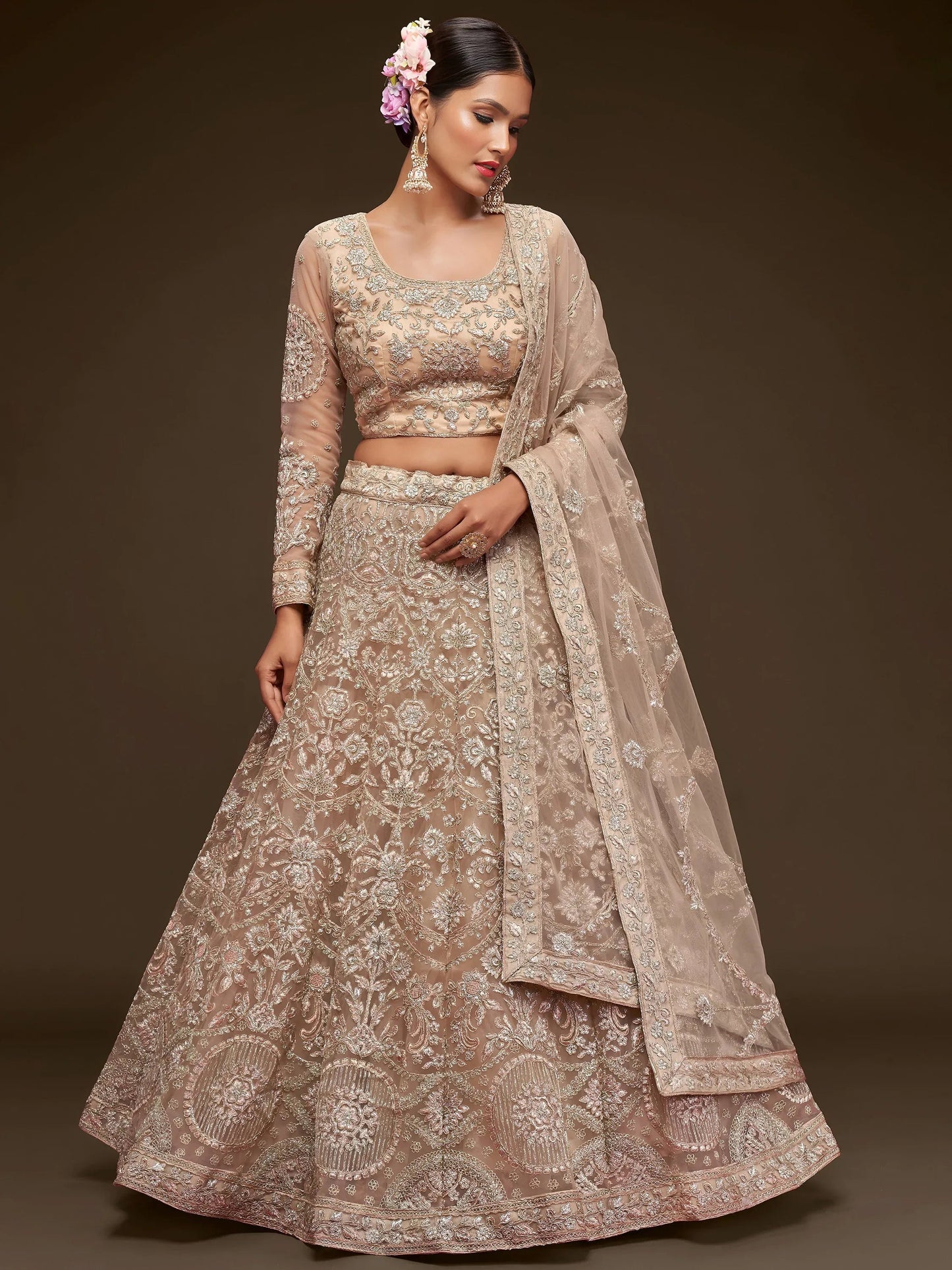 Tulsi Art Ravishing Beige Embroidered Soft Net Ceremony Wear Lehenga Choli