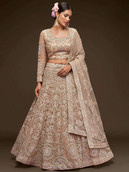 Tulsi Art Ravishing Beige Embroidered Soft Net Ceremony Wear Lehenga Choli