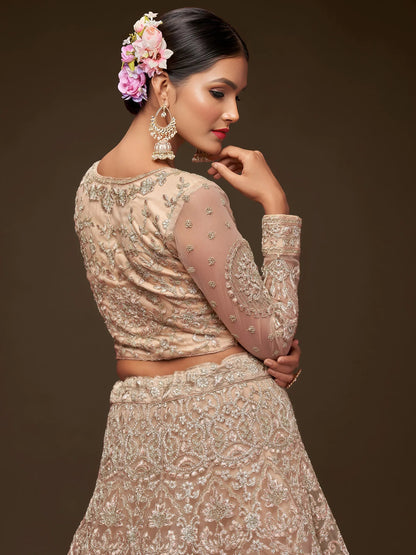 Tulsi Art Ravishing Beige Embroidered Soft Net Ceremony Wear Lehenga Choli