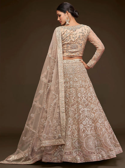 Tulsi Art Ravishing Beige Embroidered Soft Net Ceremony Wear Lehenga Choli