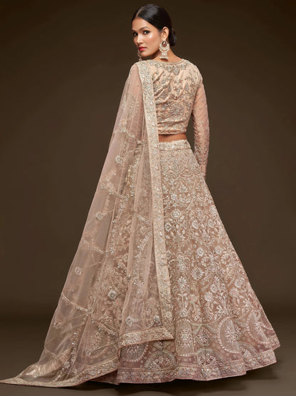 Tulsi Art Ravishing Beige Embroidered Soft Net Ceremony Wear Lehenga Choli
