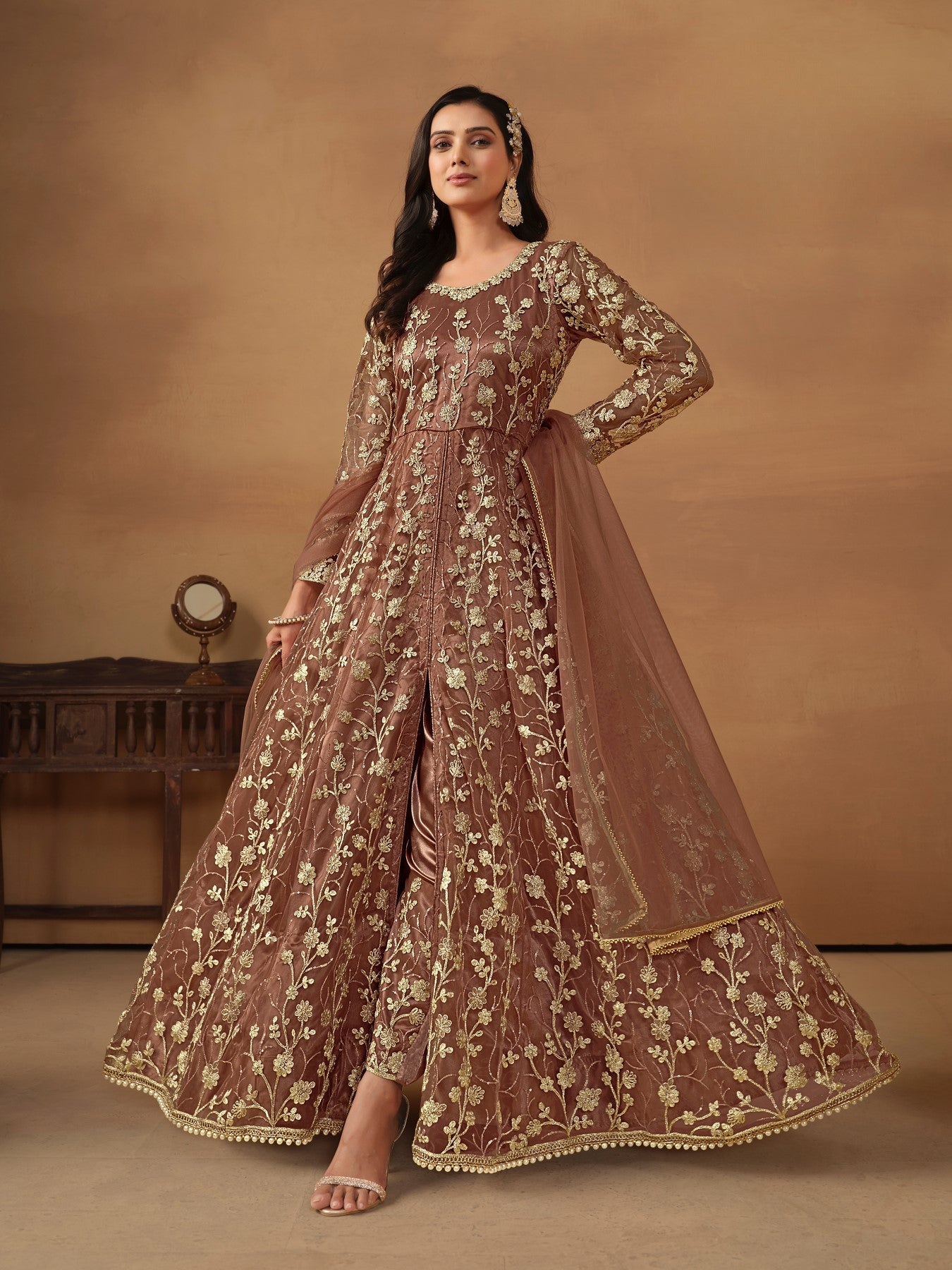 Anaita Brown Embroidered Net Anarkali Suit