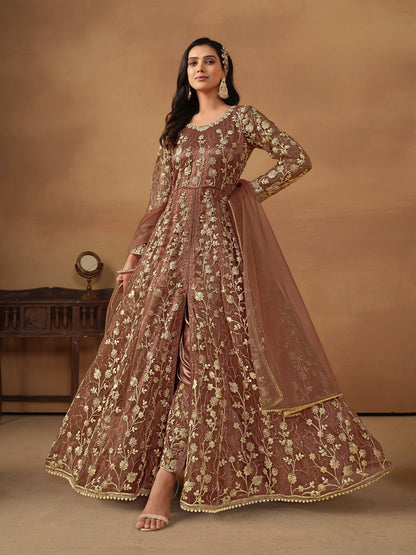 Anaita Brown Embroidered Net Anarkali Suit