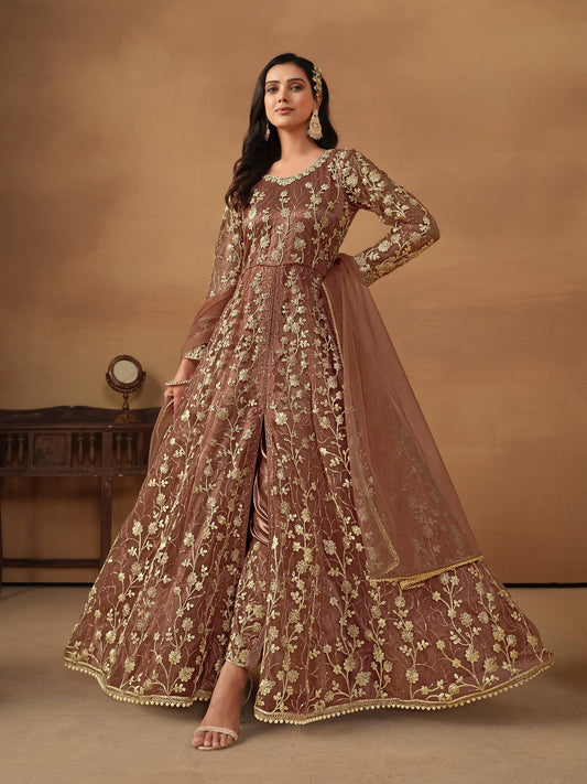 Anaita Brown Embroidered Net Anarkali Suit