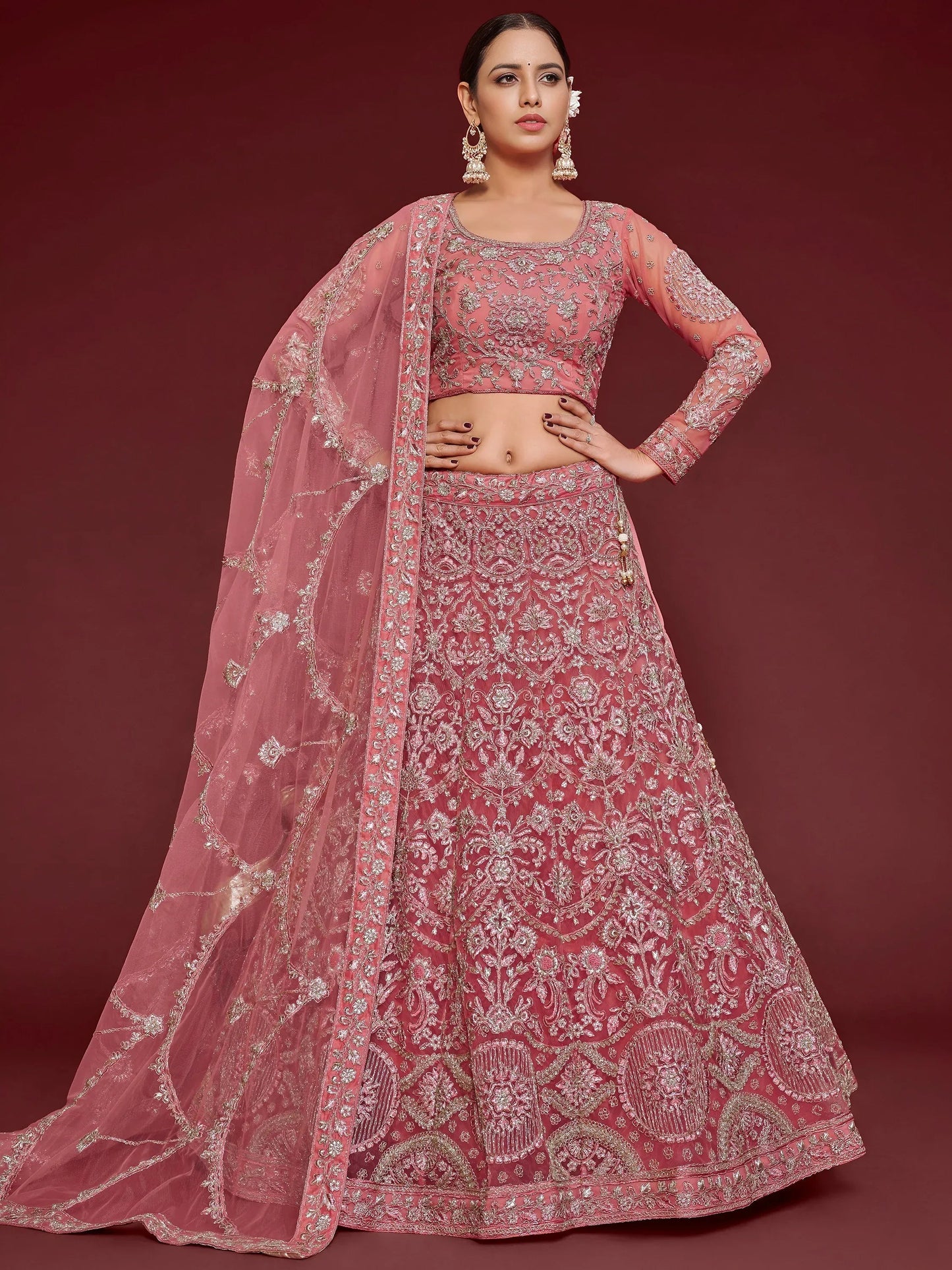 Tulsi Art Captivating Pink Embroidered Soft Net Event Wear Lehenga Choli