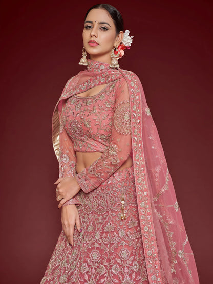 Tulsi Art Captivating Pink Embroidered Soft Net Event Wear Lehenga Choli
