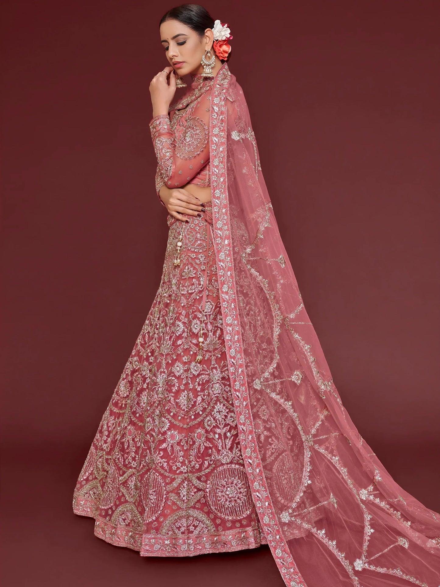 Tulsi Art Captivating Pink Embroidered Soft Net Event Wear Lehenga Choli