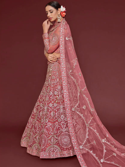 Tulsi Art Captivating Pink Embroidered Soft Net Event Wear Lehenga Choli