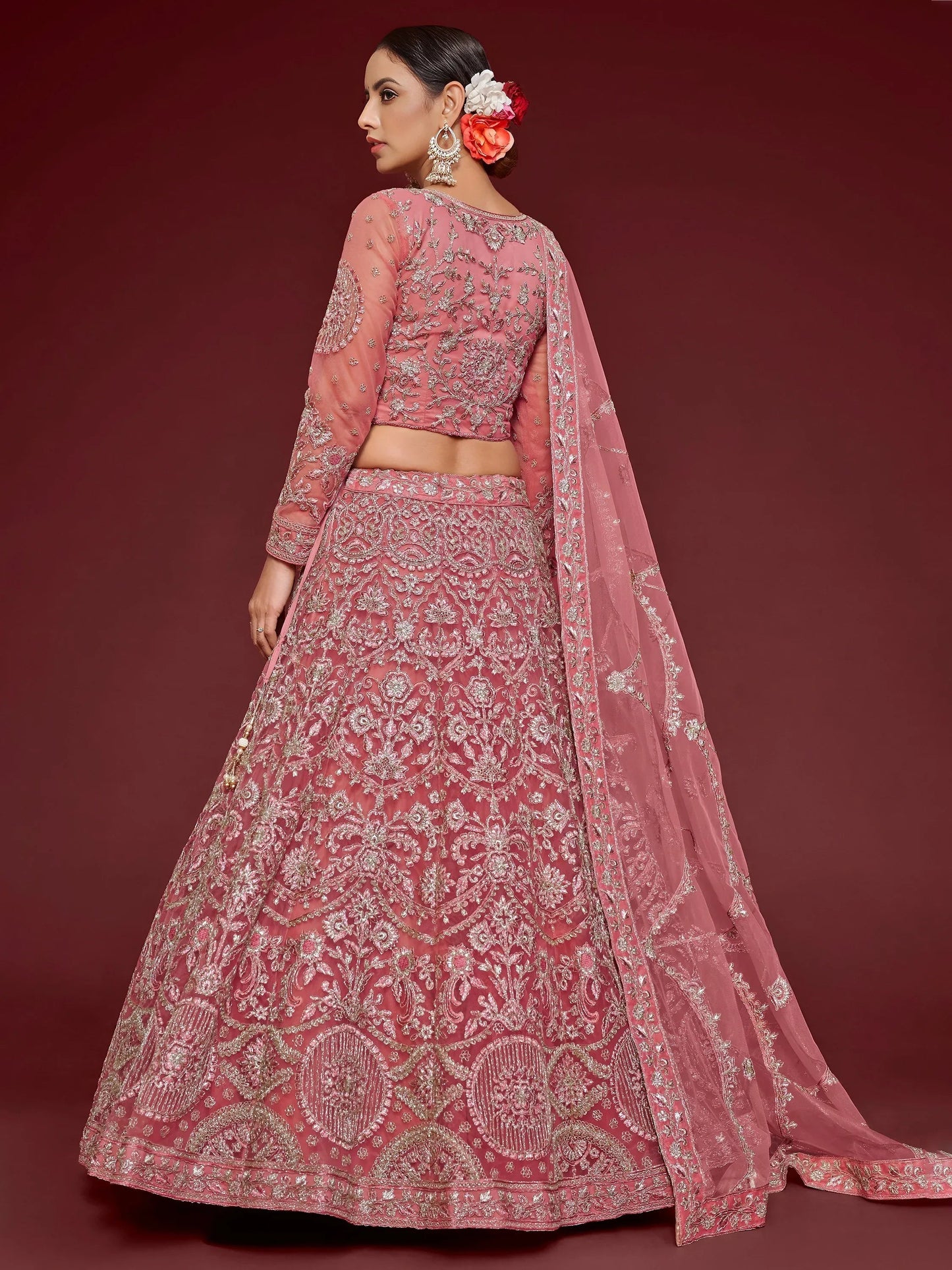 Tulsi Art Captivating Pink Embroidered Soft Net Event Wear Lehenga Choli