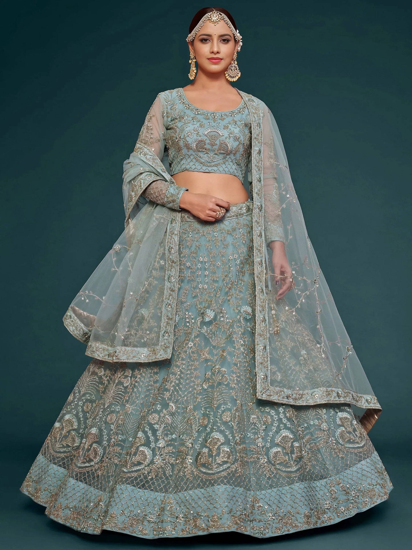 Tulsi Art Exquisite Sky-Blue Dori Work Soft Net Ceremony Wear Lehenga Choli