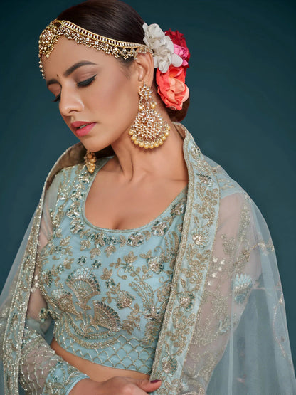 Tulsi Art Exquisite Sky-Blue Dori Work Soft Net Ceremony Wear Lehenga Choli