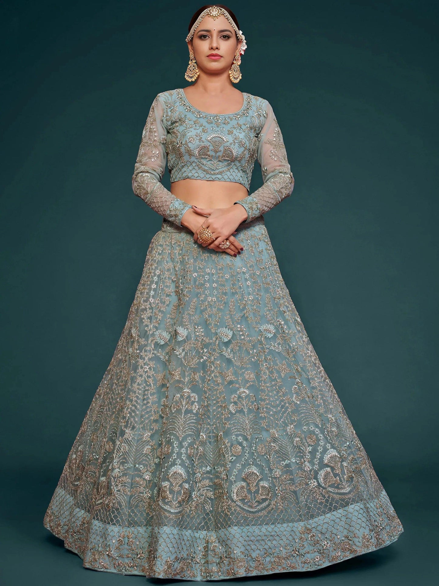Tulsi Art Exquisite Sky-Blue Dori Work Soft Net Ceremony Wear Lehenga Choli