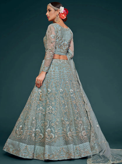 Tulsi Art Exquisite Sky-Blue Dori Work Soft Net Ceremony Wear Lehenga Choli