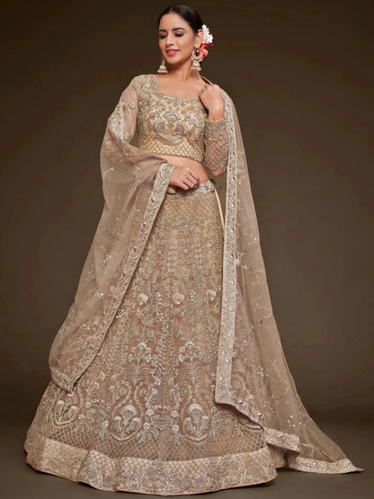 Tulsi Art Gorgeous Beige Embroidered Soft Net Occasion Wear Lehenga Choli