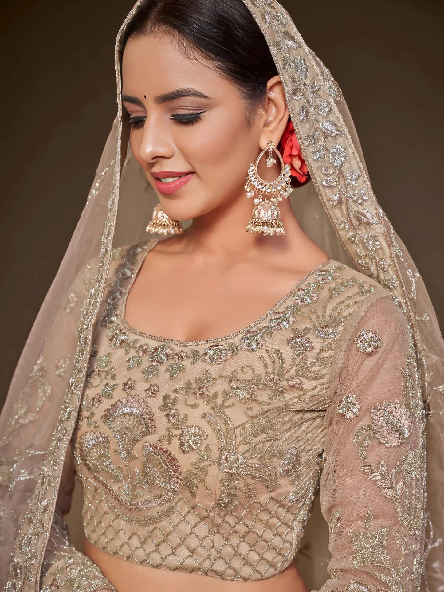 Tulsi Art Gorgeous Beige Embroidered Soft Net Occasion Wear Lehenga Choli