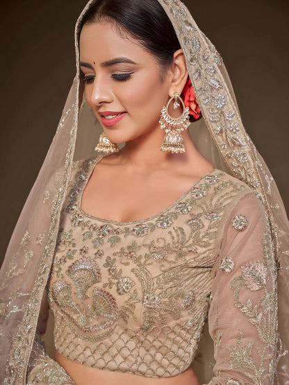 Tulsi Art Gorgeous Beige Embroidered Soft Net Occasion Wear Lehenga Choli