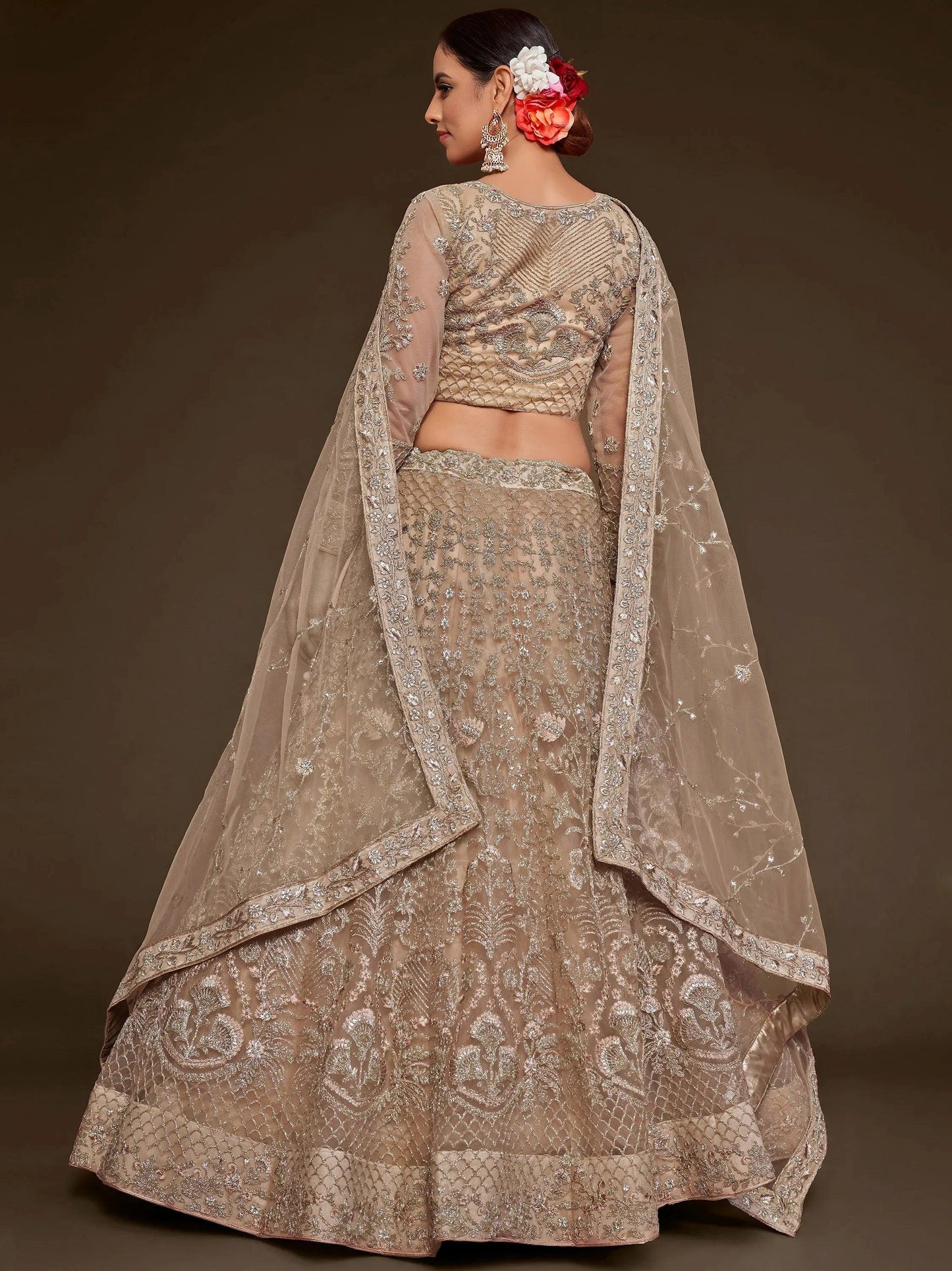 Tulsi Art Gorgeous Beige Embroidered Soft Net Occasion Wear Lehenga Choli