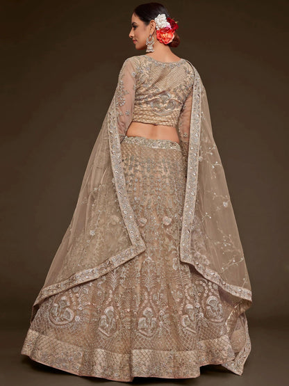 Tulsi Art Gorgeous Beige Embroidered Soft Net Occasion Wear Lehenga Choli