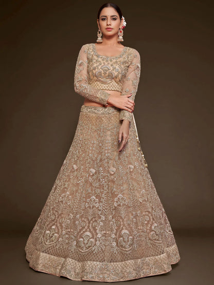 Tulsi Art Gorgeous Beige Embroidered Soft Net Occasion Wear Lehenga Choli