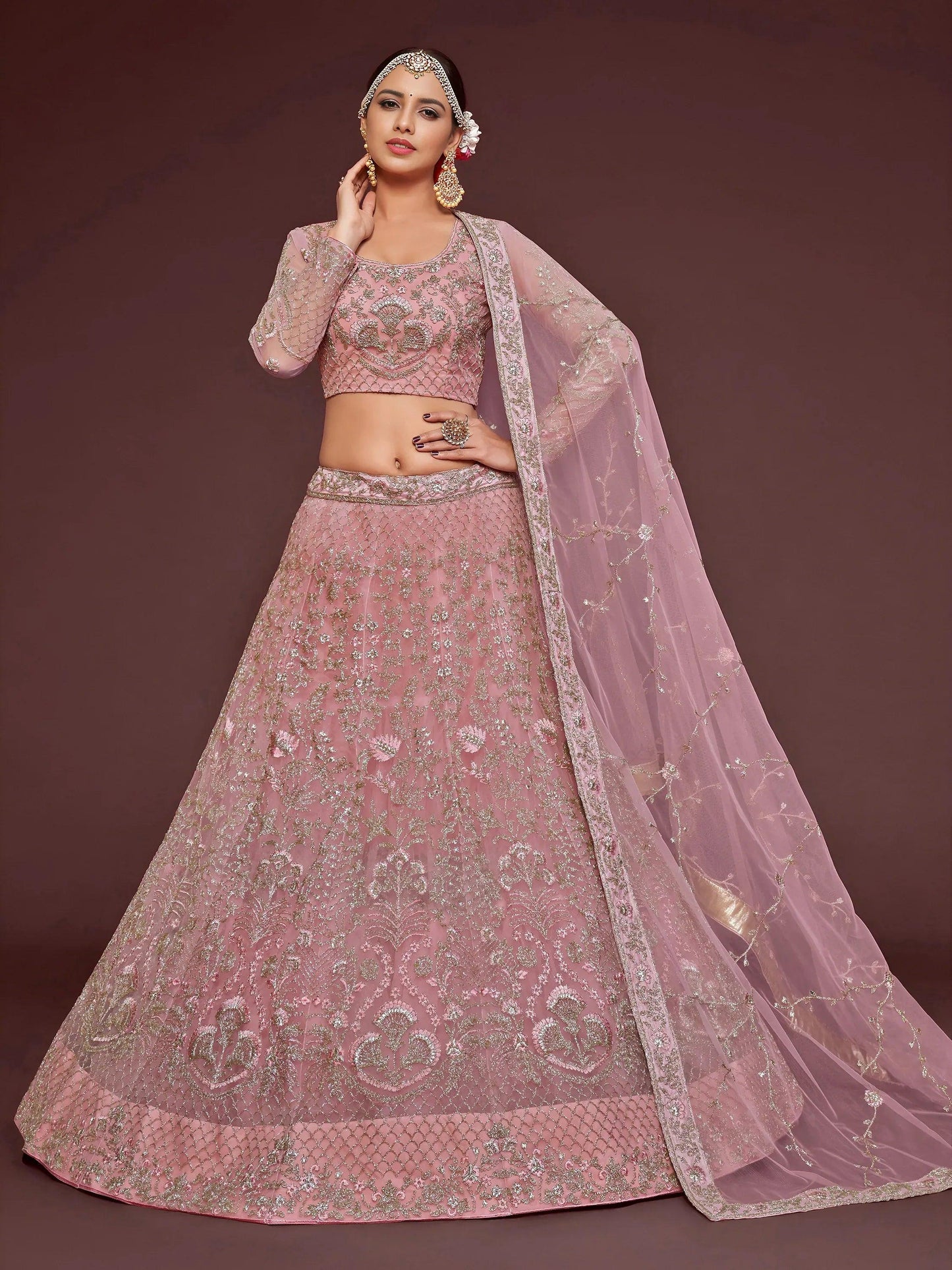 Tulsi Art Enchanting Light Pink Embroidered Soft Net Wedding Wear Lehenga Choli