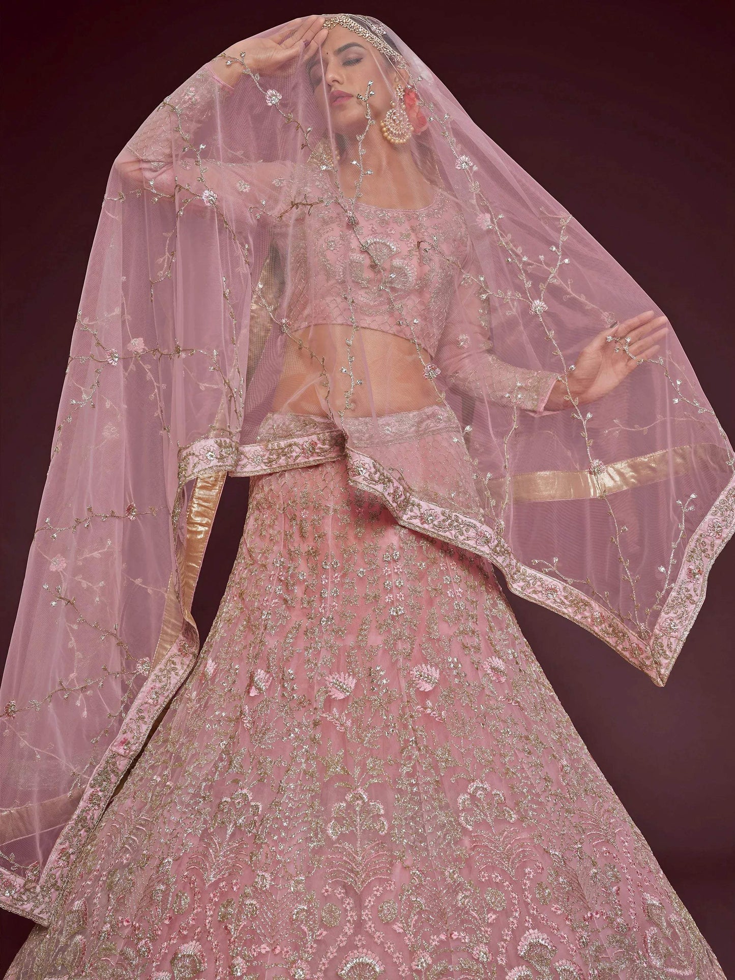 Tulsi Art Enchanting Light Pink Embroidered Soft Net Wedding Wear Lehenga Choli