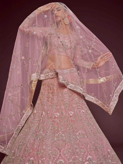 Tulsi Art Enchanting Light Pink Embroidered Soft Net Wedding Wear Lehenga Choli