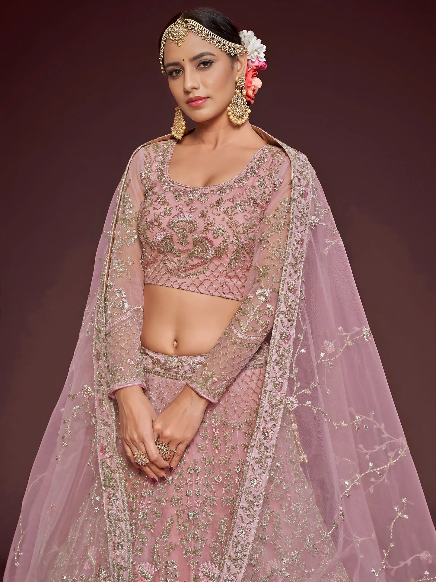 Tulsi Art Enchanting Light Pink Embroidered Soft Net Wedding Wear Lehenga Choli