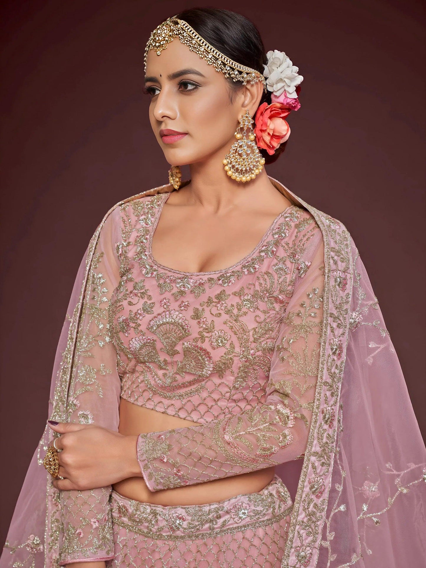 Tulsi Art Enchanting Light Pink Embroidered Soft Net Wedding Wear Lehenga Choli
