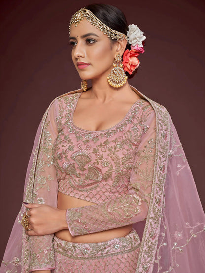 Tulsi Art Enchanting Light Pink Embroidered Soft Net Wedding Wear Lehenga Choli