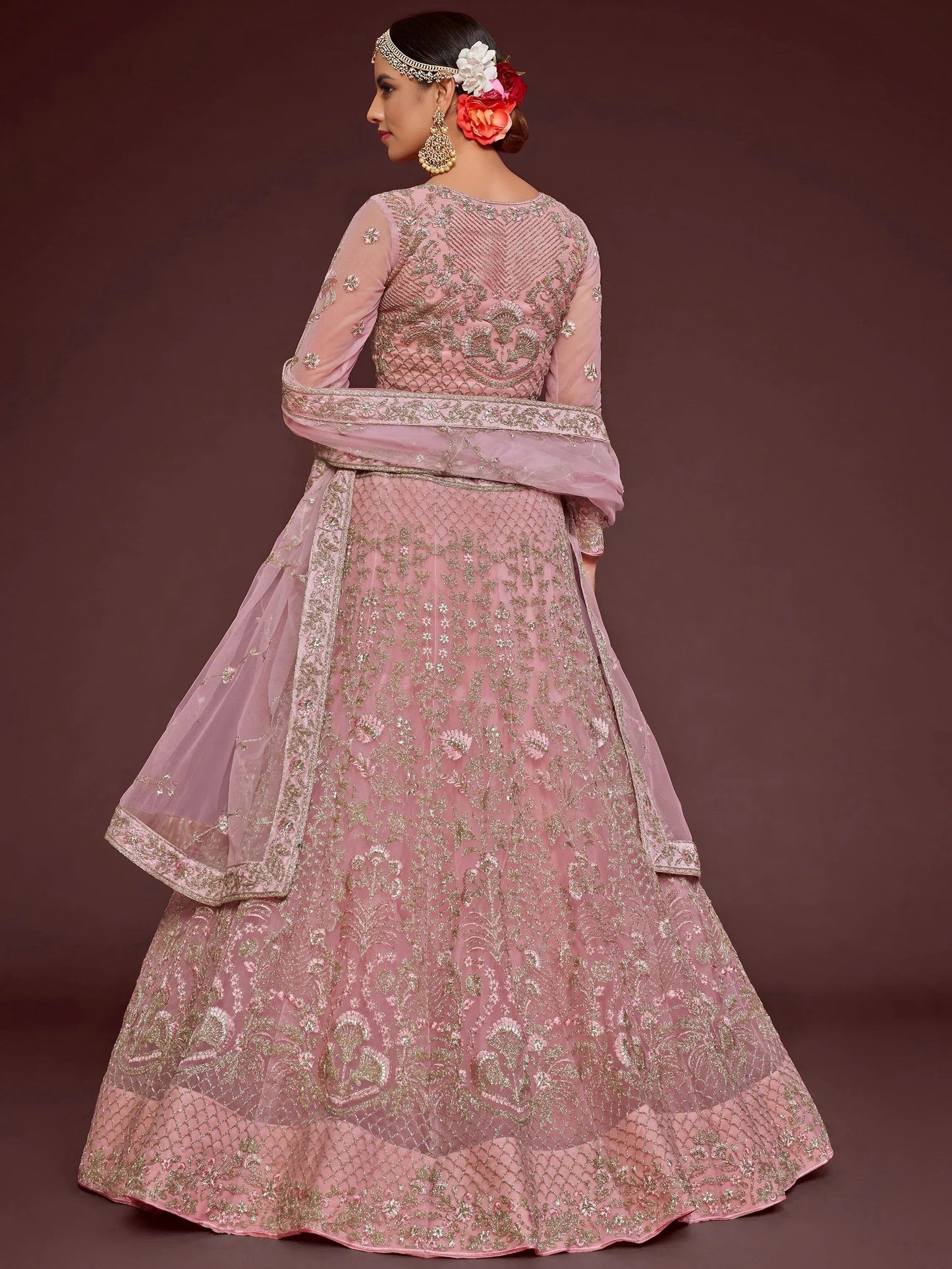 Tulsi Art Enchanting Light Pink Embroidered Soft Net Wedding Wear Lehenga Choli