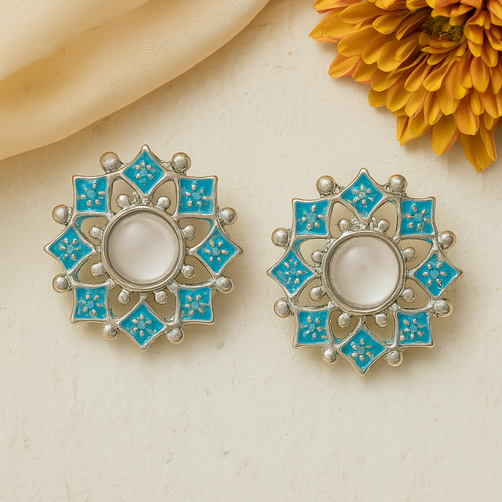 Estele Rhodium Plated Flower Shaped Blue Meenakari Kundan Stud Earrings for Women