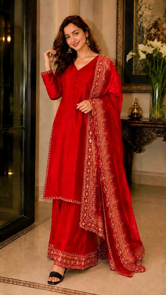 Teeya Creation New Latest Stylish Classic Red Festive Kurta Set with Gold Zari Border Palazzo and Dupatta