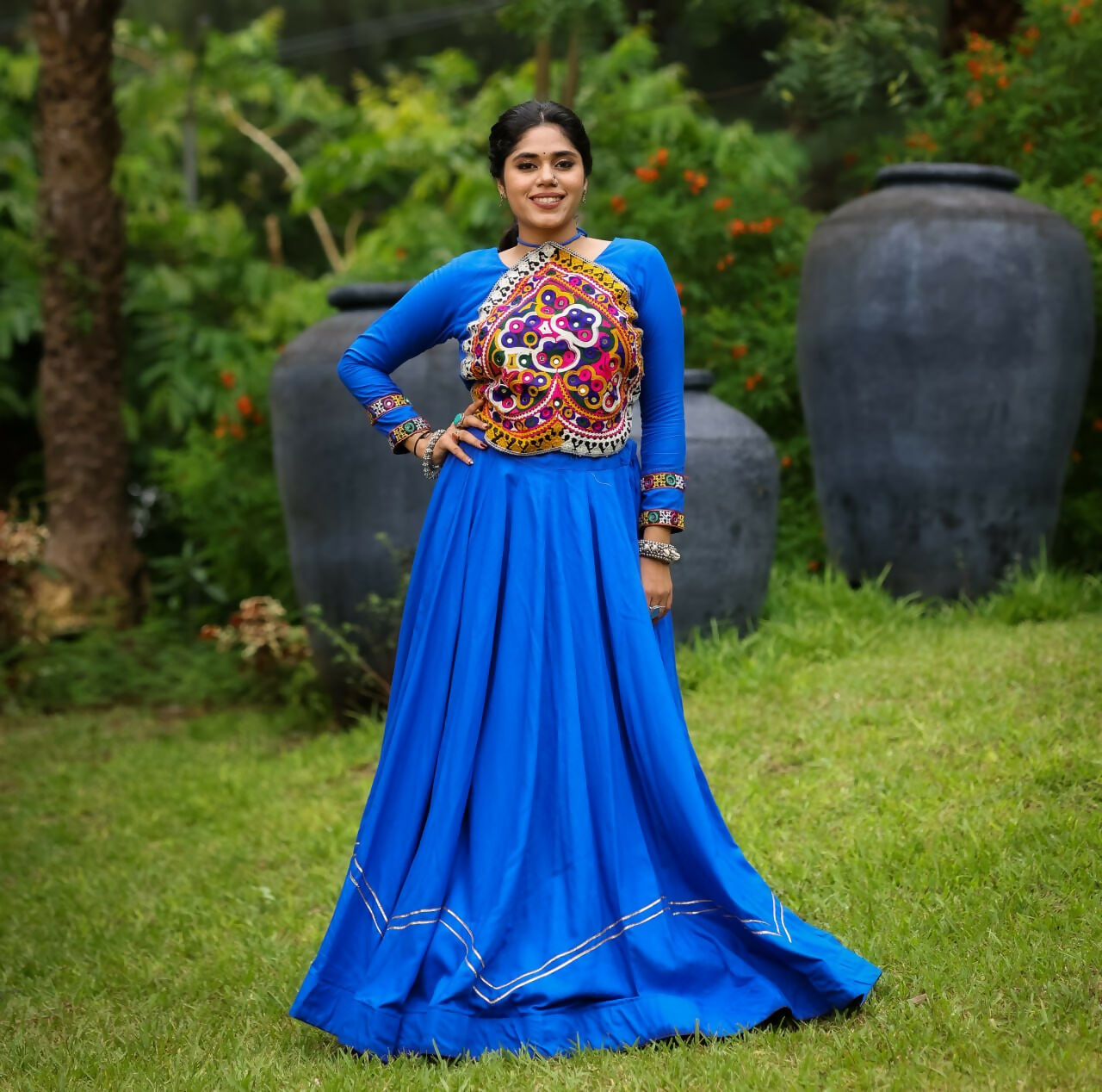 Yash Enterprise Blue Rayon Cotton Embroidery Semi Stitched Navratri Top Chaniya Choli